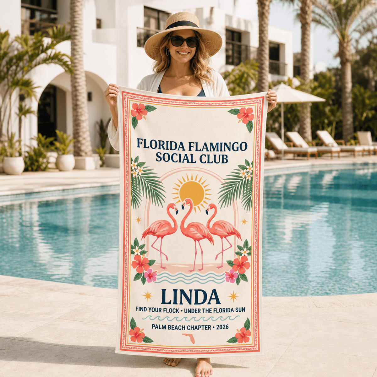 Personalized Florida Flamingo Beach Towel | Custom Pool Towel | Tropical Vacation Gift - FlamingoAholic