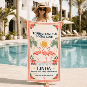 Personalized Florida Flamingo Beach Towel | Custom Pool Towel | Tropical Vacation Gift - FlamingoAholic