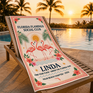 Personalized Florida Flamingo Beach Towel | Custom Pool Towel | Tropical Vacation Gift - FlamingoAholic