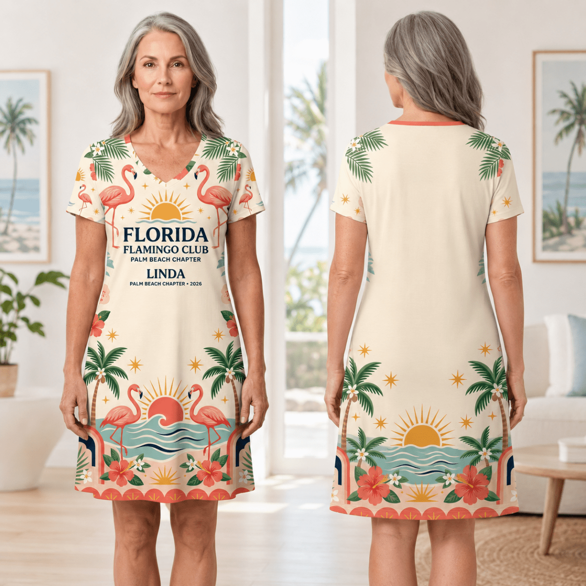 Personalized Florida Flamingo Club Women's V-Neck Dress | Palm Beach Coastal Dress - FlamingoAholic