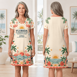 Personalized Florida Flamingo Club Women's V-Neck Dress | Palm Beach Coastal Dress - FlamingoAholic