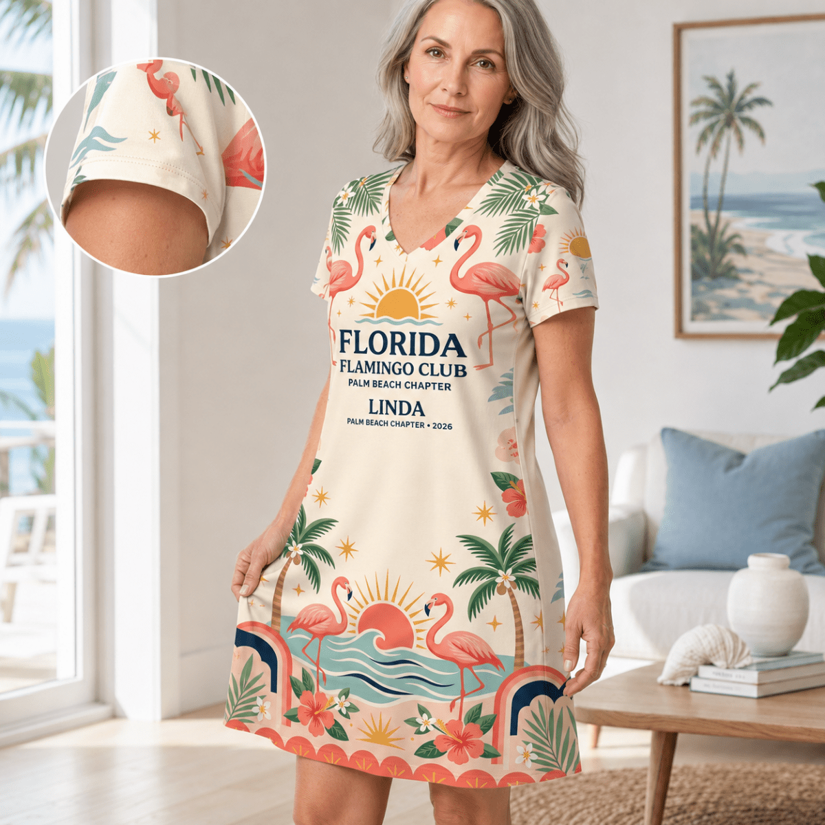 Personalized Florida Flamingo Club Women's V-Neck Dress | Palm Beach Coastal Dress - FlamingoAholic