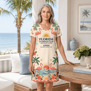 Personalized Florida Flamingo Club Women's V-Neck Dress | Palm Beach Coastal Dress - FlamingoAholic