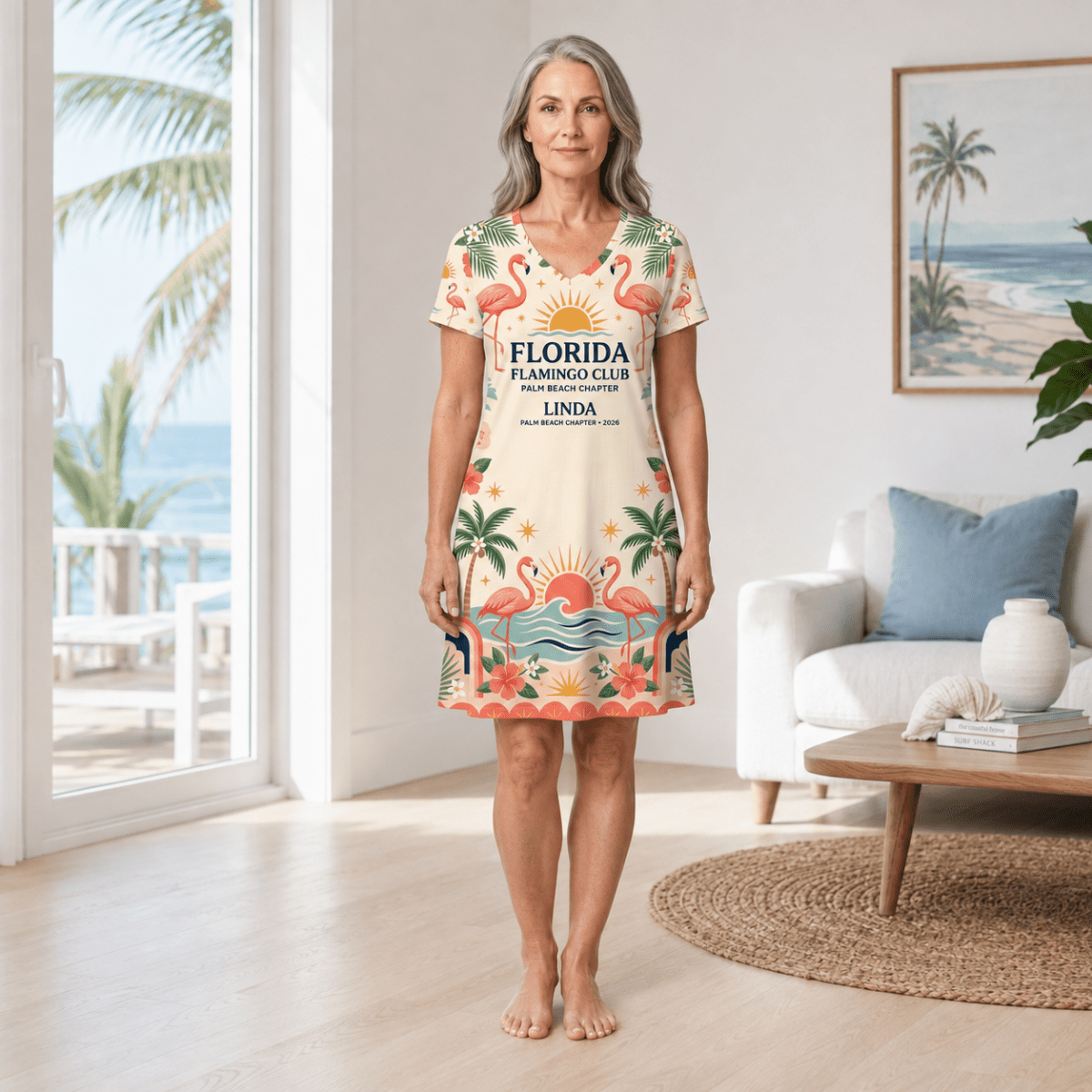 Personalized Florida Flamingo Club Women's V-Neck Dress | Palm Beach Coastal Dress - FlamingoAholic