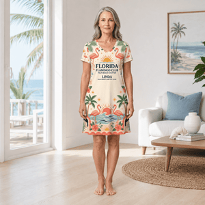 Personalized Florida Flamingo Club Women's V-Neck Dress | Palm Beach Coastal Dress - FlamingoAholic