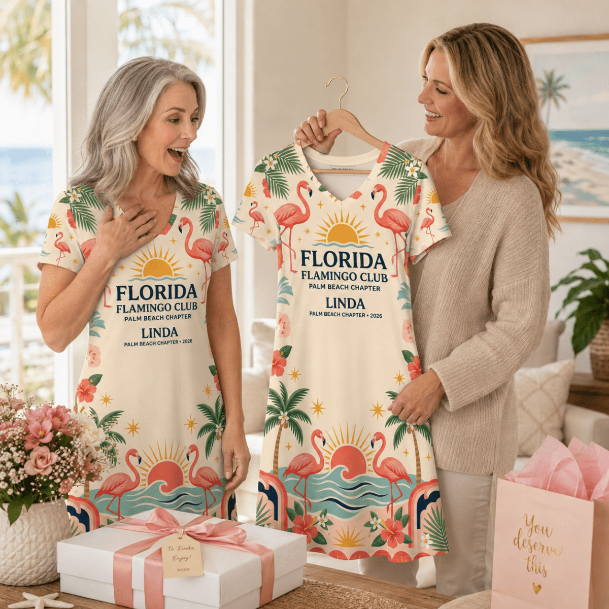 Personalized Florida Flamingo Club Women's V-Neck Dress | Palm Beach Coastal Dress - FlamingoAholic