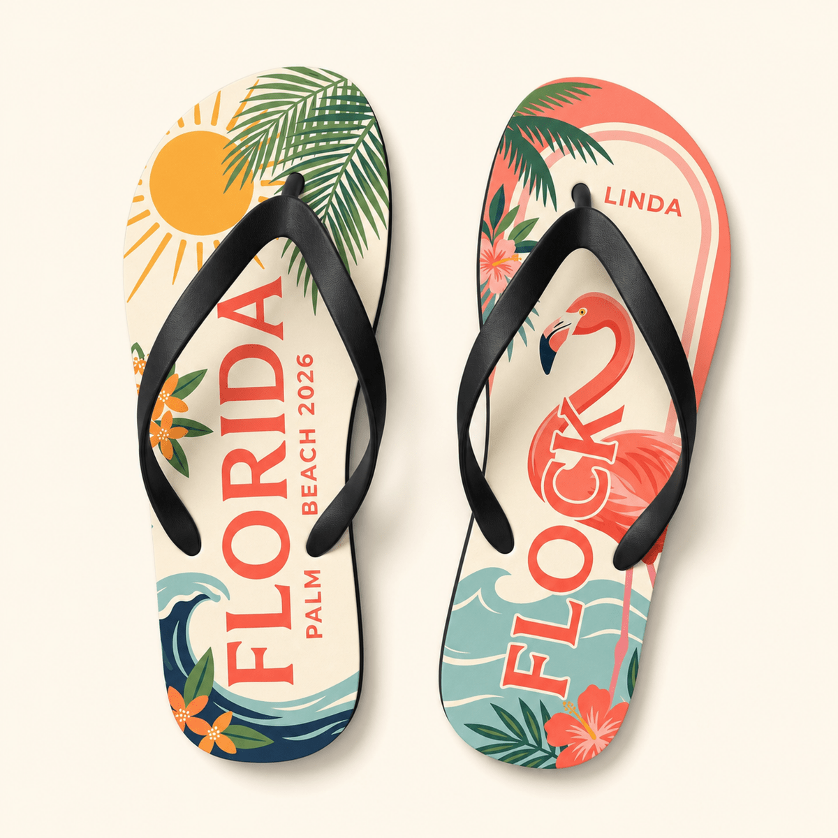 Personalized Florida Flamingo Flip Flops for Women | Custom Palm Beach Summer Sandals | Tropical Vacation Gift - FlamingoAholic