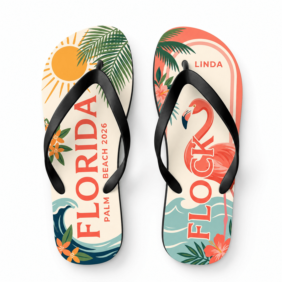 Personalized Florida Flamingo Flip Flops for Women | Custom Palm Beach Summer Sandals | Tropical Vacation Gift - FlamingoAholic