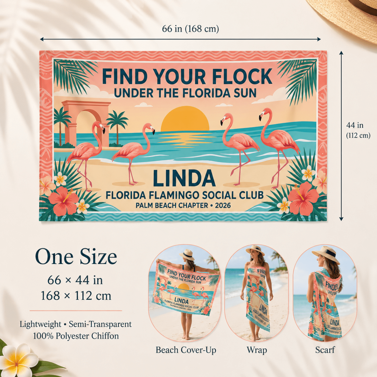 Personalized Florida Flamingo Sarong | Custom Beach Cover Up Wrap | Tropical Vacation Gift - FlamingoAholic