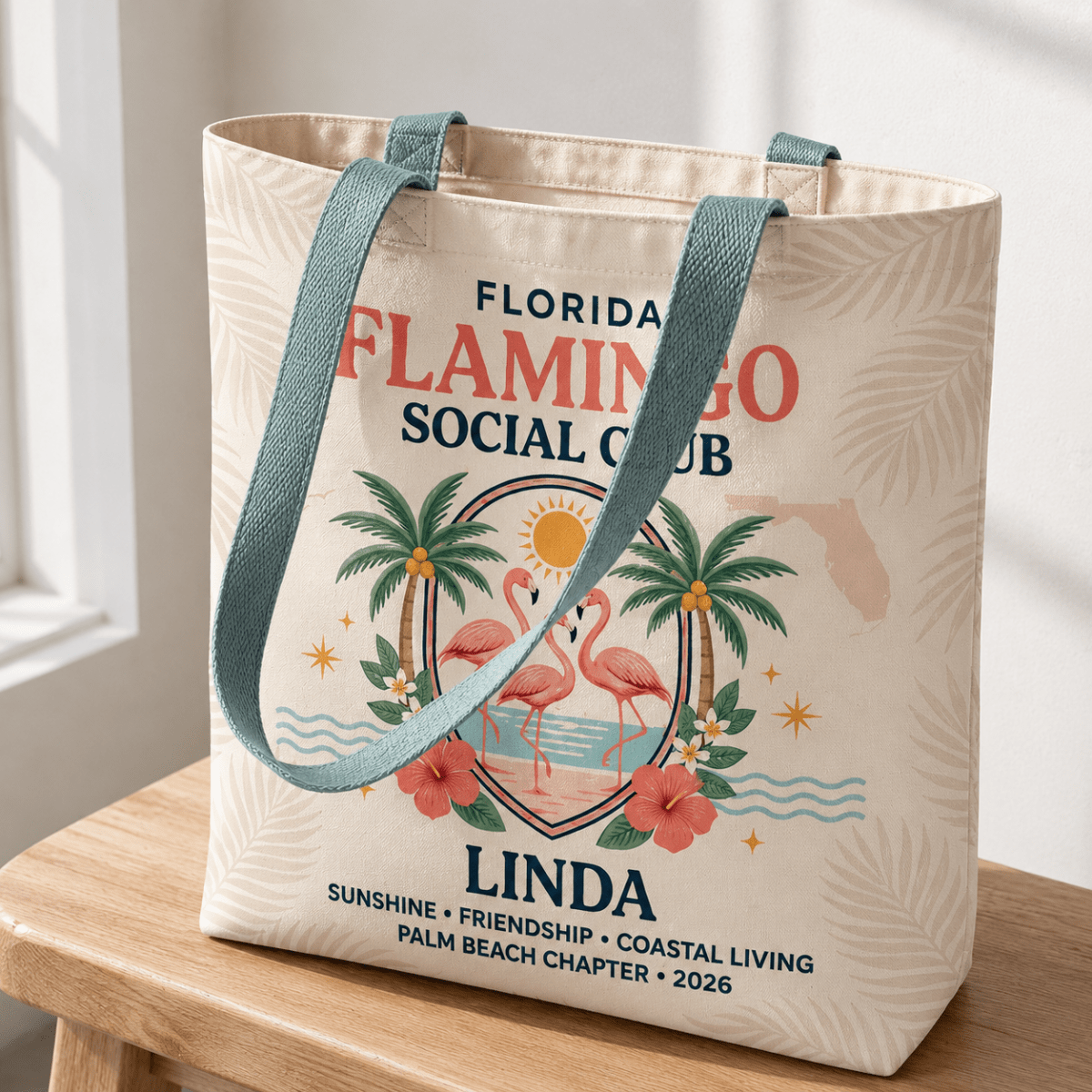 Personalized Florida Flamingo Social Club Tote Bag | Custom Beach Canvas Bag - FlamingoAholic