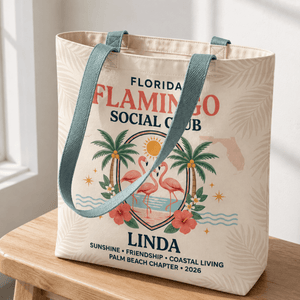 Personalized Florida Flamingo Social Club Tote Bag | Custom Beach Canvas Bag - FlamingoAholic