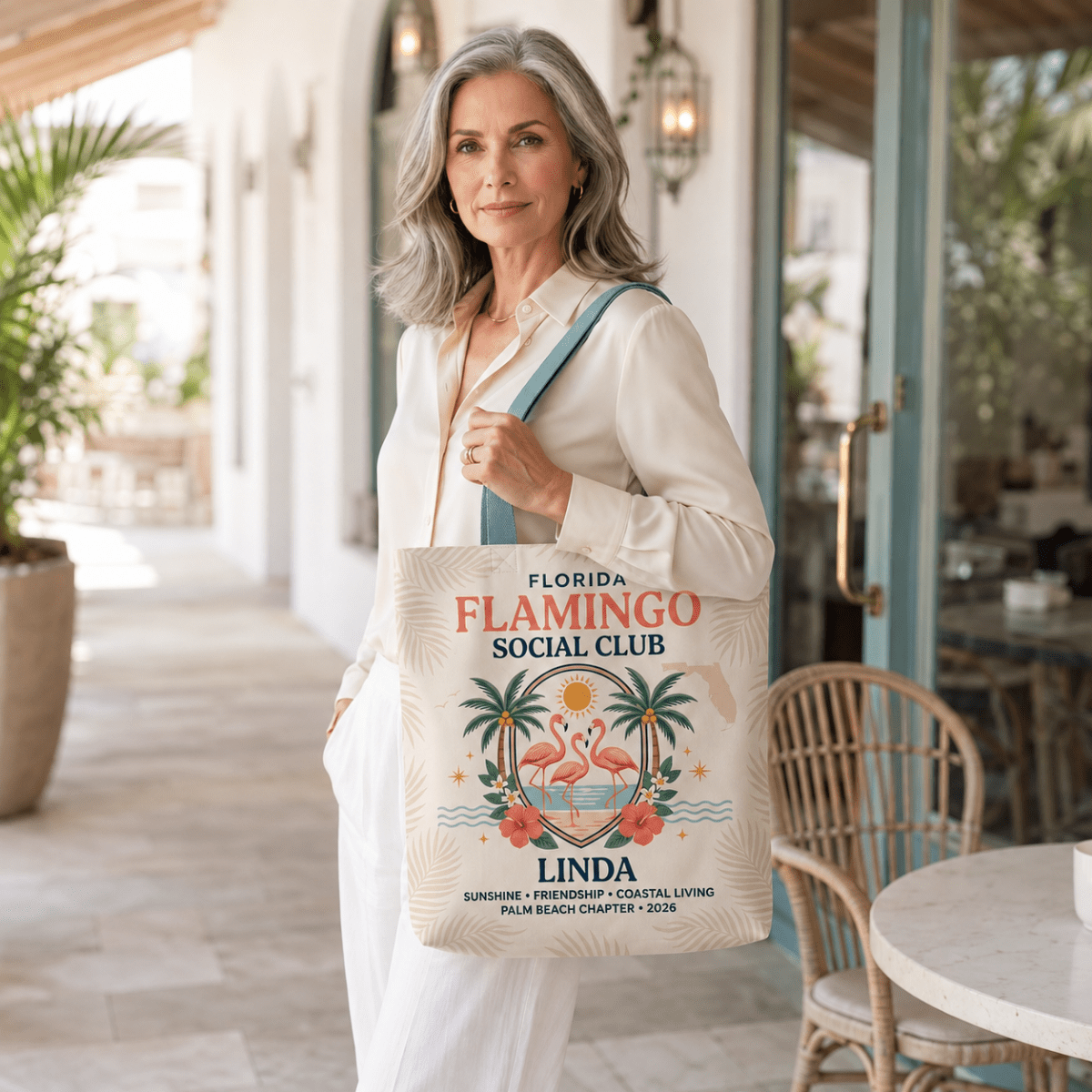 Personalized Florida Flamingo Social Club Tote Bag | Custom Beach Canvas Bag - FlamingoAholic