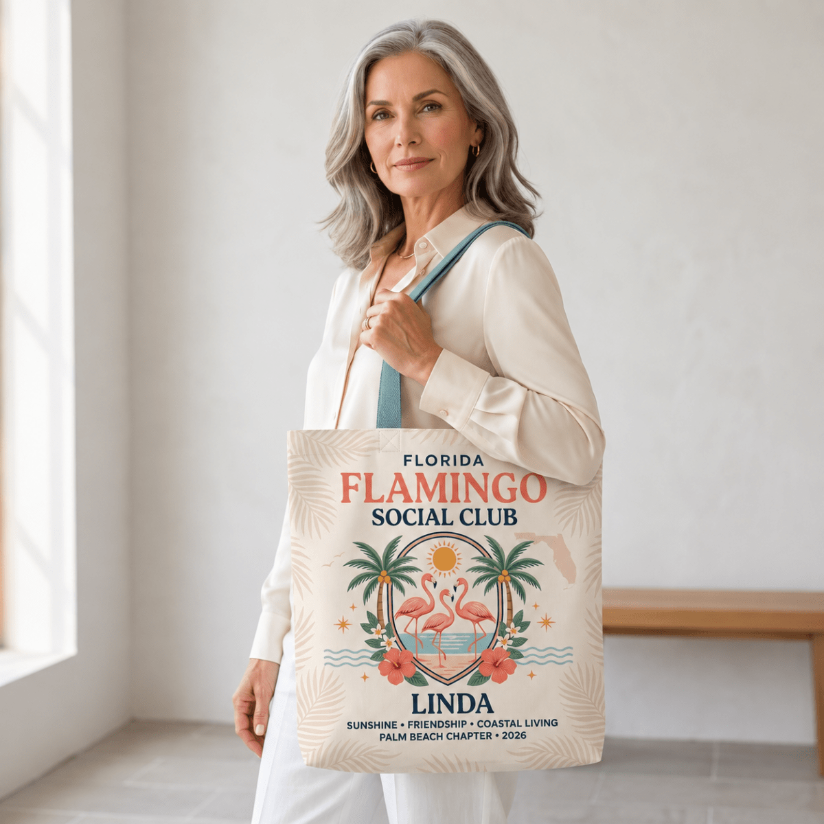 Personalized Florida Flamingo Social Club Tote Bag | Custom Beach Canvas Bag - FlamingoAholic