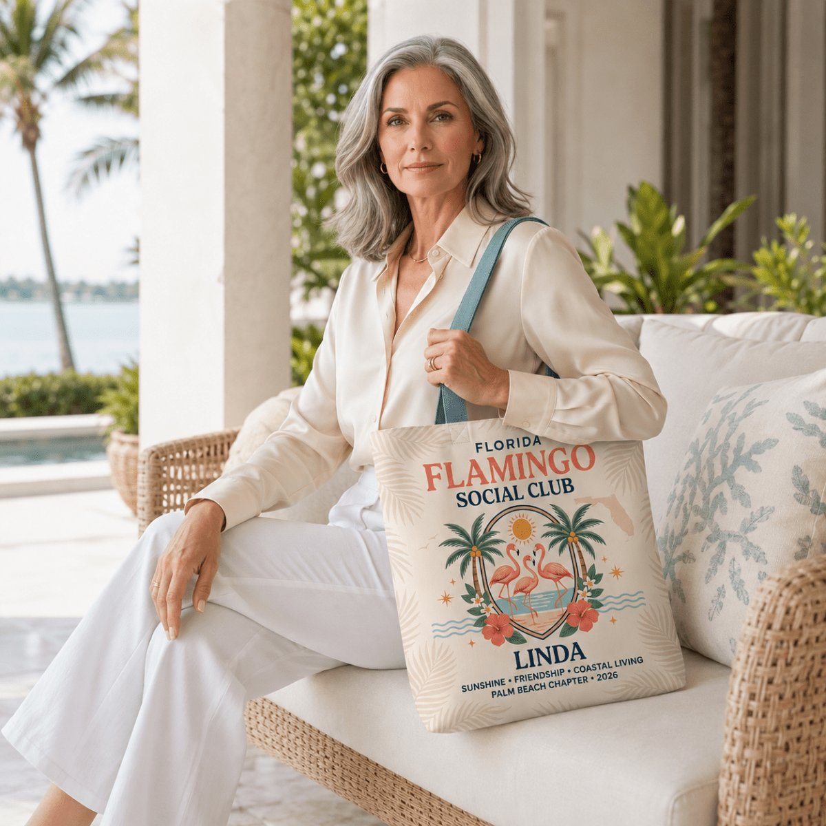 Personalized Florida Flamingo Social Club Tote Bag | Custom Beach Canvas Bag - FlamingoAholic