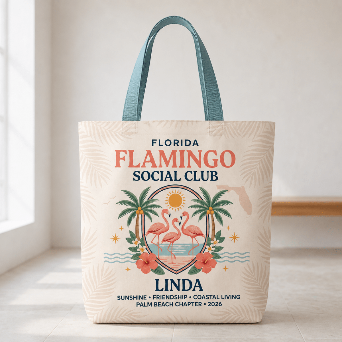 Personalized Florida Flamingo Social Club Tote Bag | Custom Beach Canvas Bag - FlamingoAholic