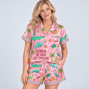Personalized Florida No Snow Just Sunshine Satin Pajama Set for Women - FlamingoAholic