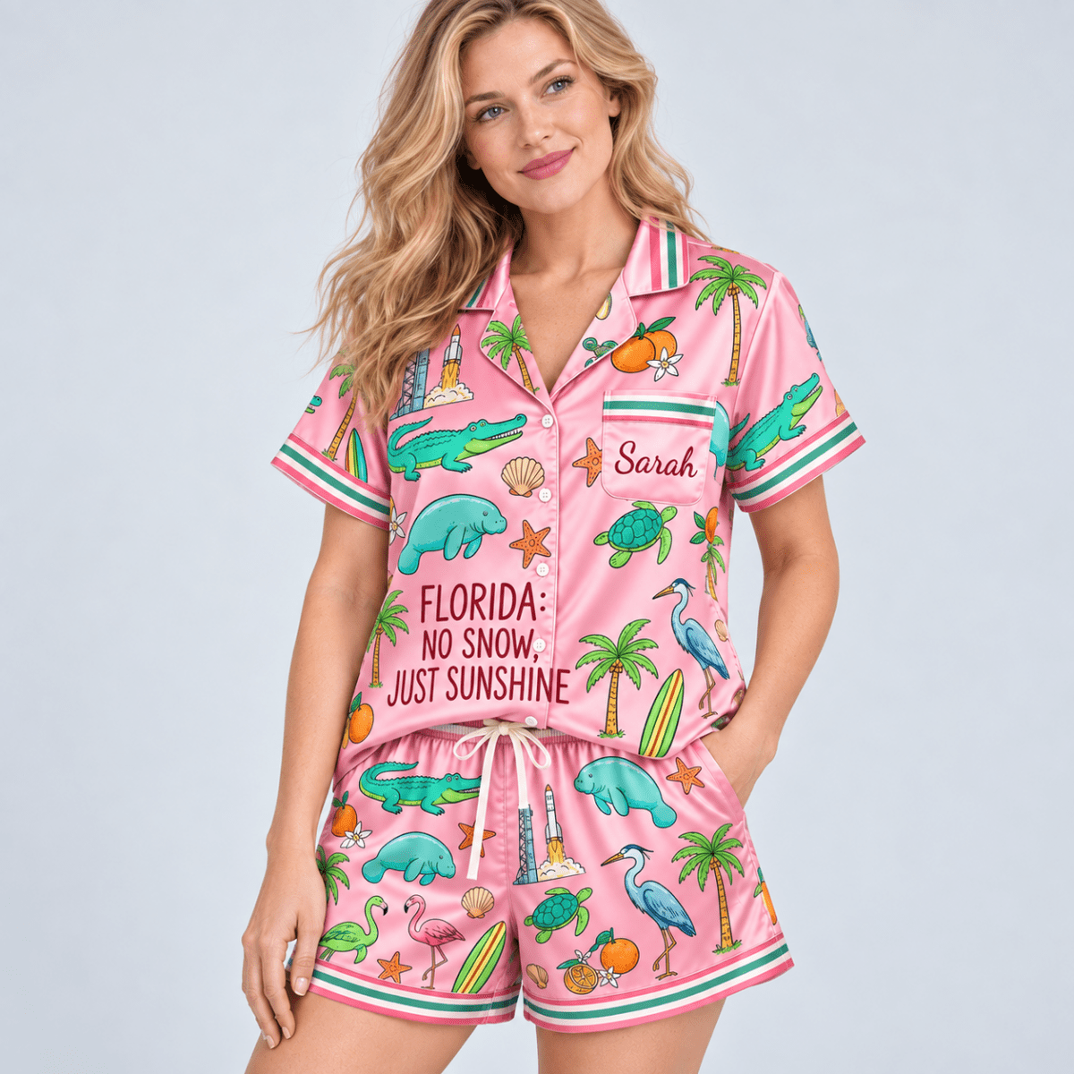 Personalized Florida No Snow Just Sunshine Satin Pajama Set for Women - FlamingoAholic