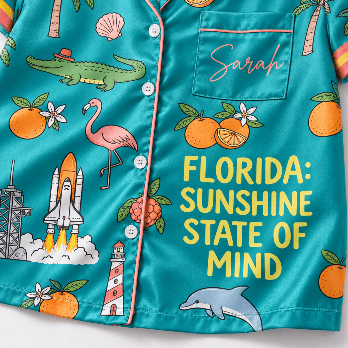 Personalized Florida Sunshine State Satin Pajama Set for Women - FlamingoAholic