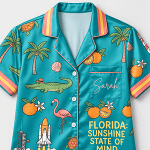 Personalized Florida Sunshine State Satin Pajama Set for Women - FlamingoAholic