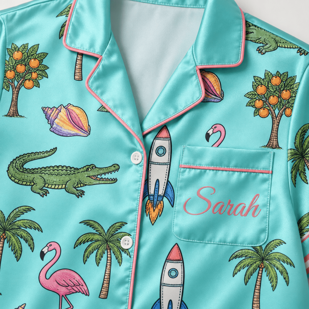 Personalized Florida Tropical Satin Pajama Set for Women - FlamingoAholic