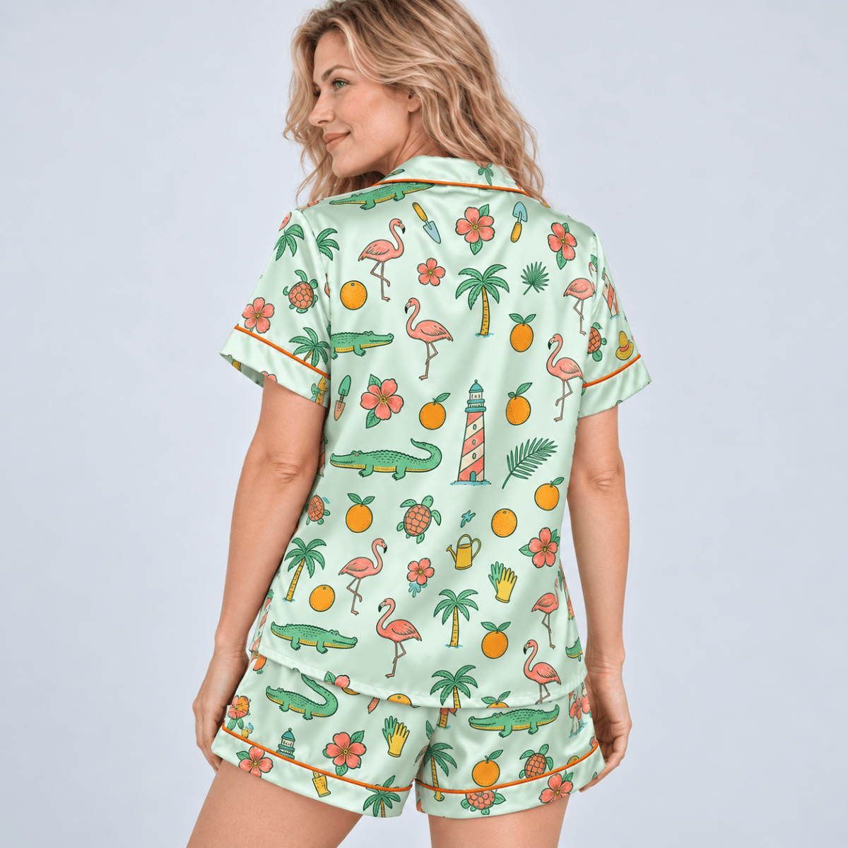 Personalized Florida Tropical Satin Pajama Set for Women - FlamingoAholic
