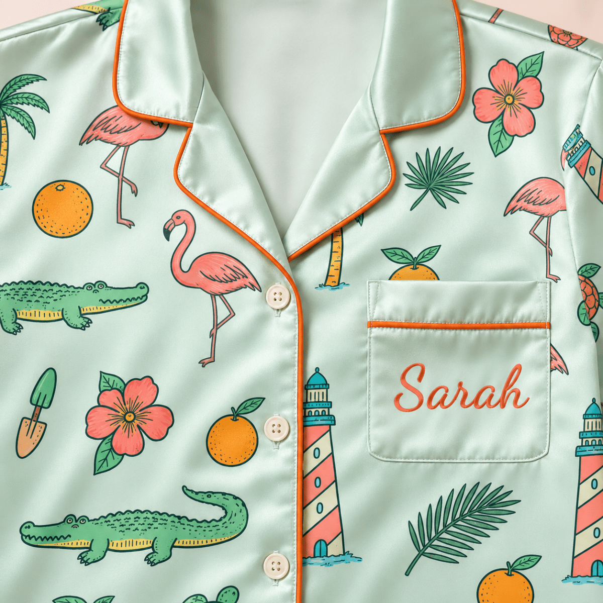 Personalized Florida Tropical Satin Pajama Set for Women - FlamingoAholic