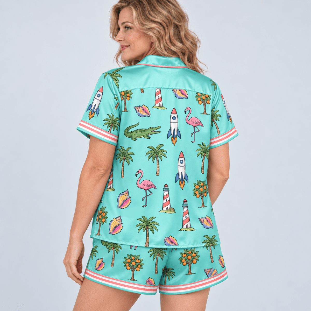Personalized Florida Tropical Satin Pajama Set for Women - FlamingoAholic