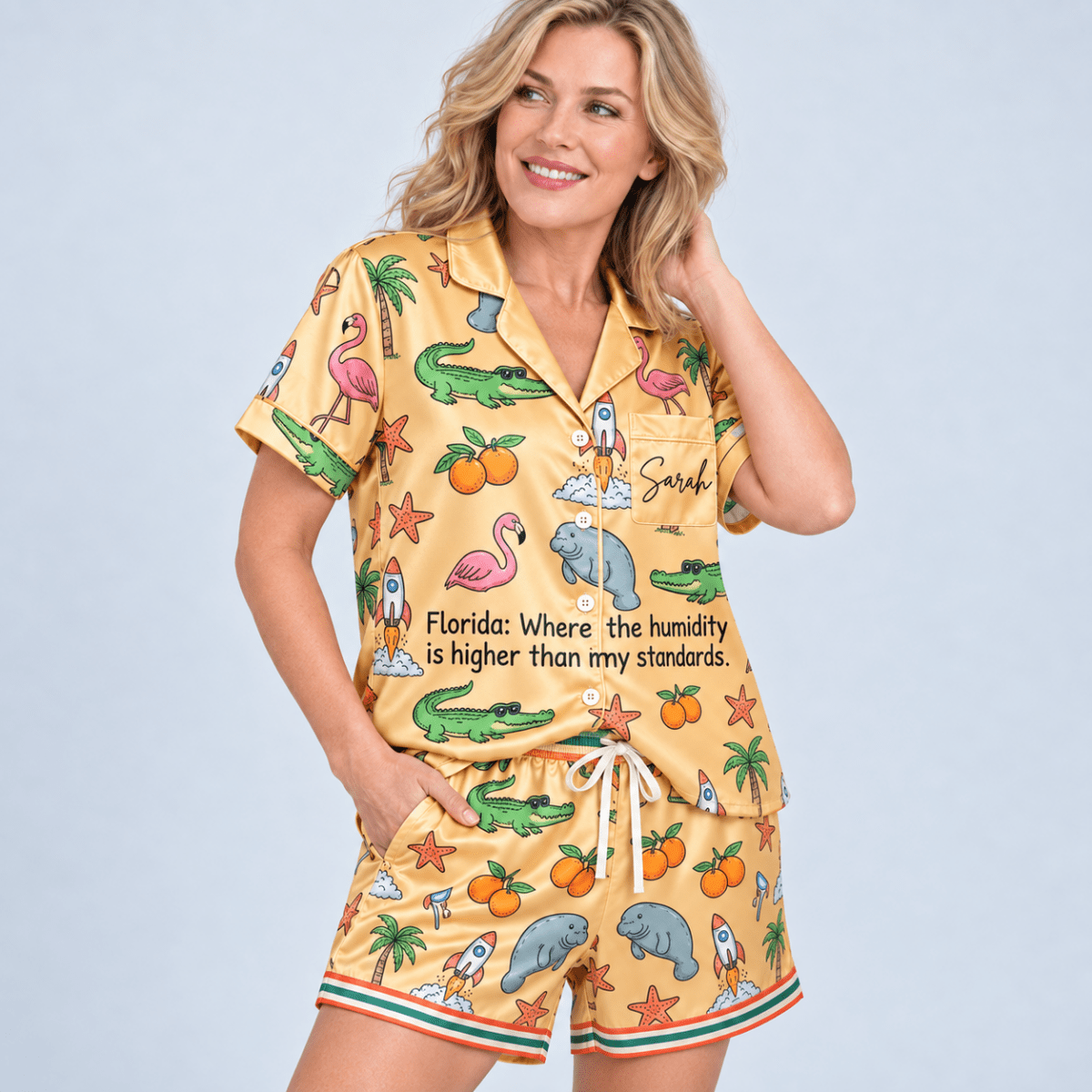 Personalized Funny Florida Humidity Satin Pajama Set for Women - FlamingoAholic