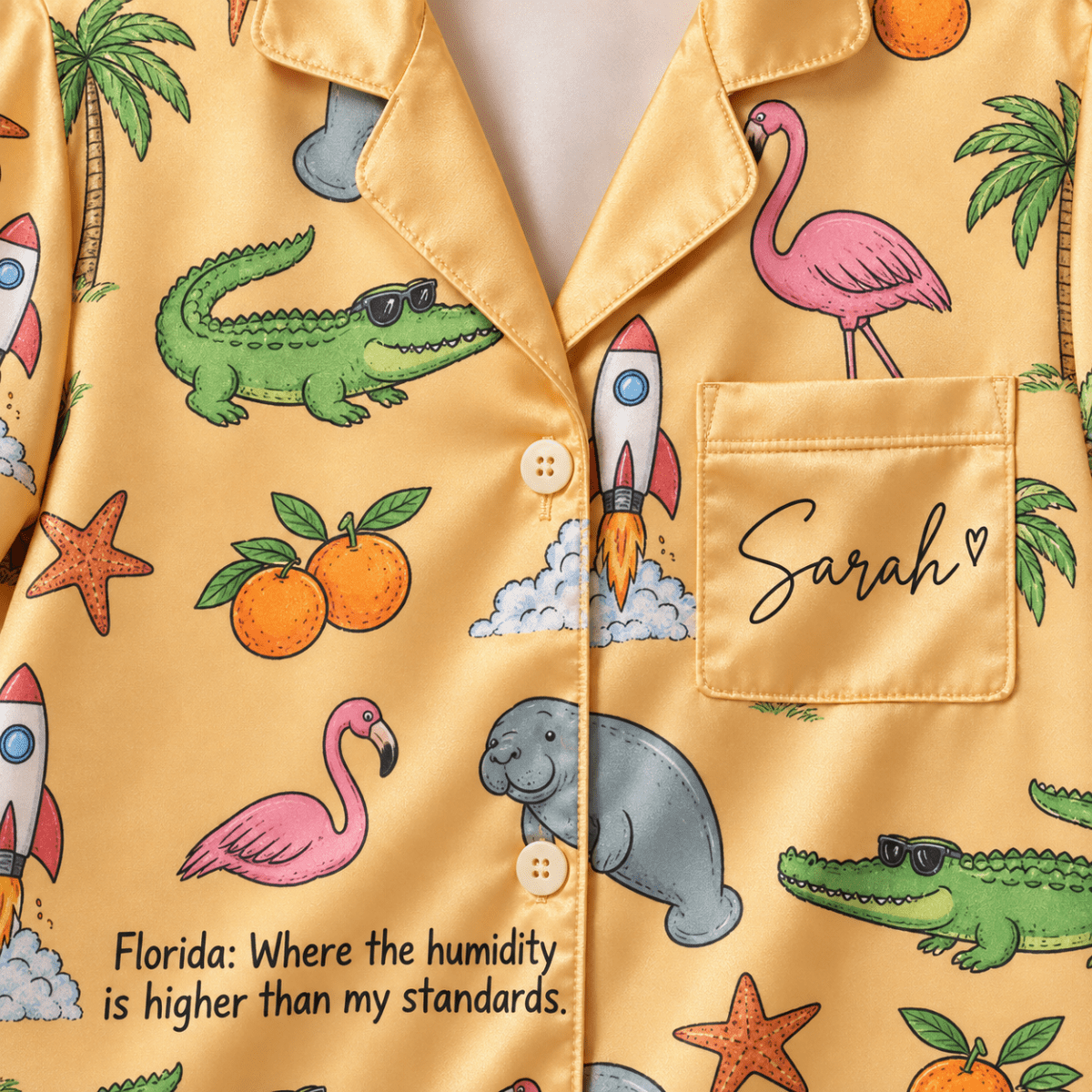 Personalized Funny Florida Humidity Satin Pajama Set for Women - FlamingoAholic