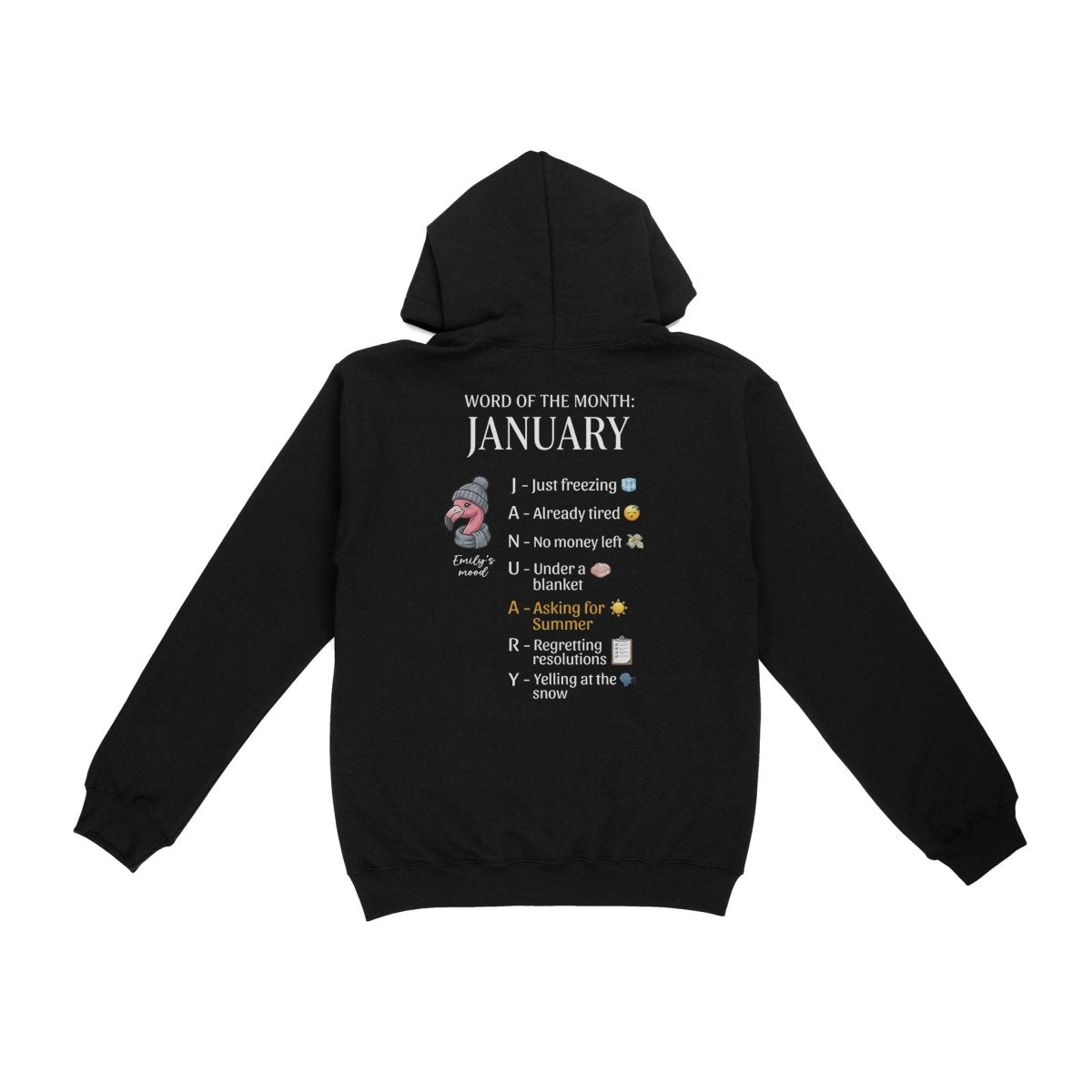Personalized Funny January Flamingo Hoodie - Fran's Cozy Winter Mood Sweatshirt - FlamingoAholic