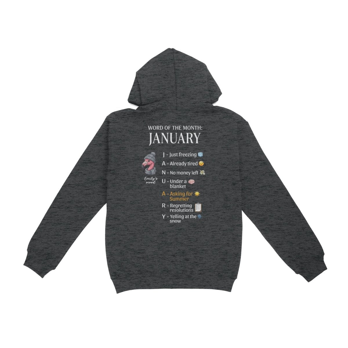 Personalized Funny January Flamingo Hoodie - Fran's Cozy Winter Mood Sweatshirt - FlamingoAholic