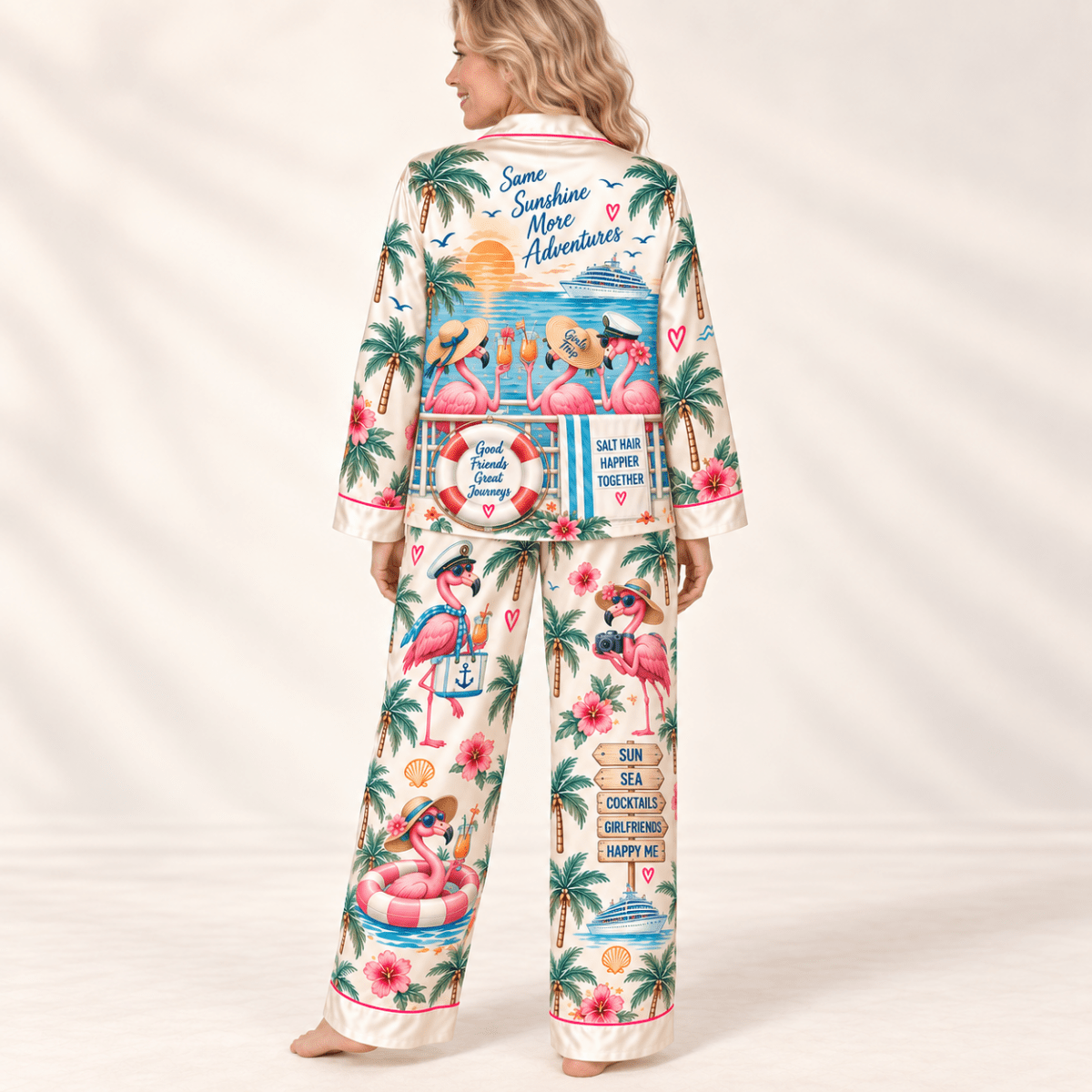 Personalized Girls at Sea Flamingo Cruise Satin Pajama Set for Women - FlamingoAholic