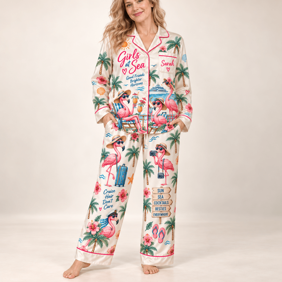 Personalized Girls at Sea Flamingo Cruise Satin Pajama Set for Women - FlamingoAholic