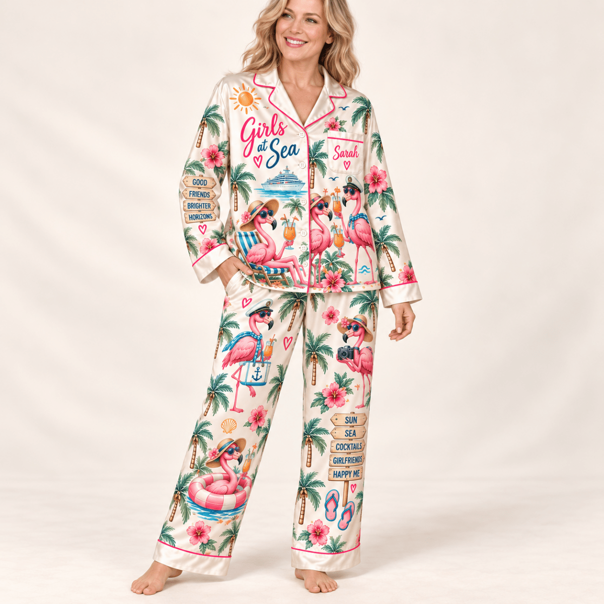 Personalized Girls at Sea Flamingo Cruise Satin Pajama Set for Women - FlamingoAholic