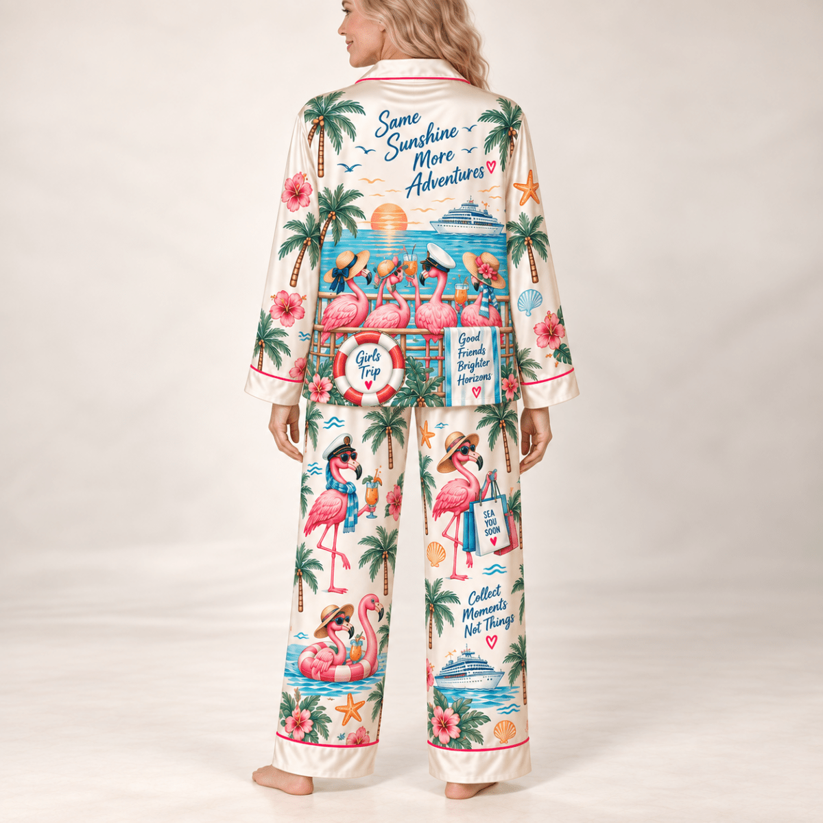 Personalized Girls at Sea Flamingo Cruise Satin Pajama Set for Women - FlamingoAholic