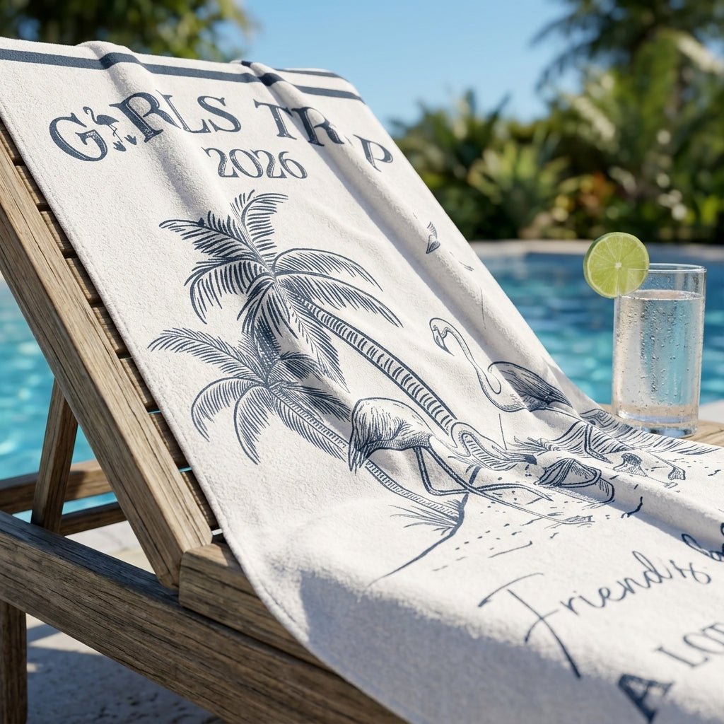 Personalized Girls Trip 2026 Beach Towel - Flamingo Line Art Custom Name Summer Group Vacation Gift - FlamingoAholic