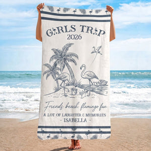 Personalized Girls Trip 2026 Beach Towel - Flamingo Line Art Custom Name Summer Group Vacation Gift - FlamingoAholic