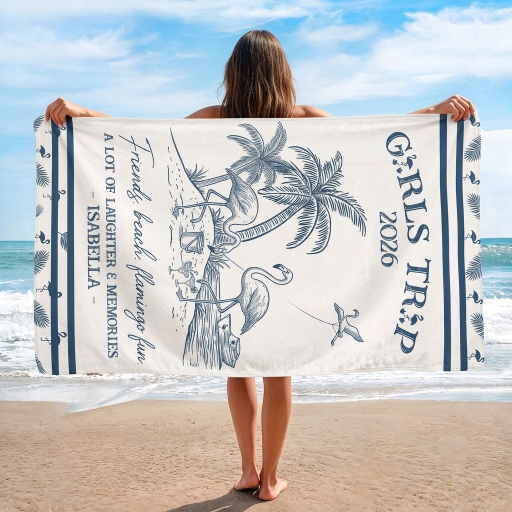 Personalized Girls Trip 2026 Beach Towel - Flamingo Line Art Custom Name Summer Group Vacation Gift - FlamingoAholic