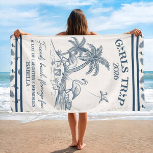 Personalized Girls Trip 2026 Beach Towel - Flamingo Line Art Custom Name Summer Group Vacation Gift - FlamingoAholic