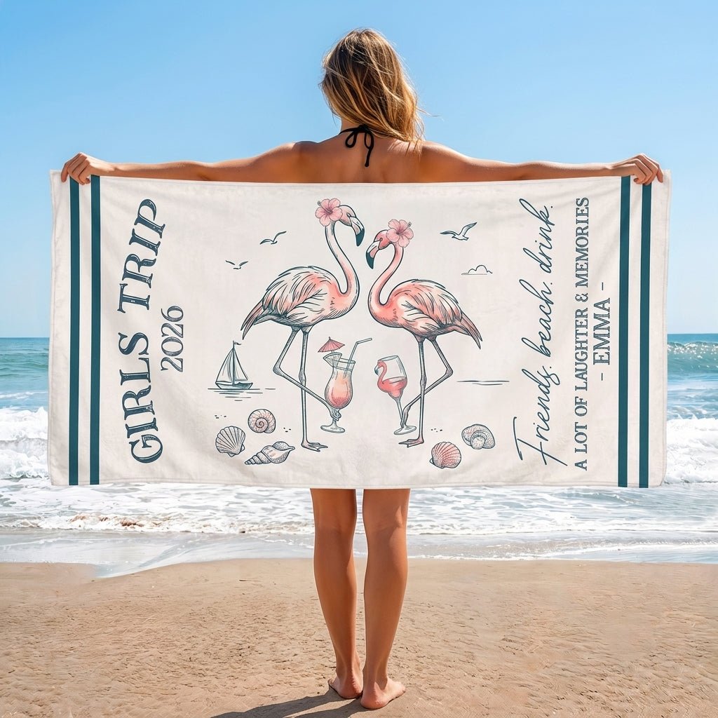 Personalized Girls Trip 2026 Beach Towel - Friends Beach Drink Custom Name Group Vacation Gift - FlamingoAholic