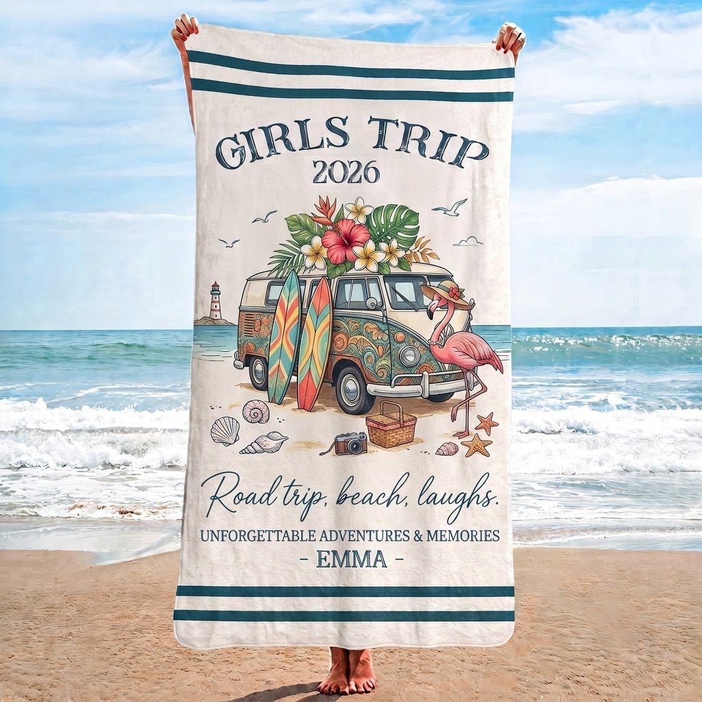 Personalized Girls Trip 2026 Beach Towel - Retro Van Road Trip Custom Name Summer Vacation Gift - FlamingoAholic