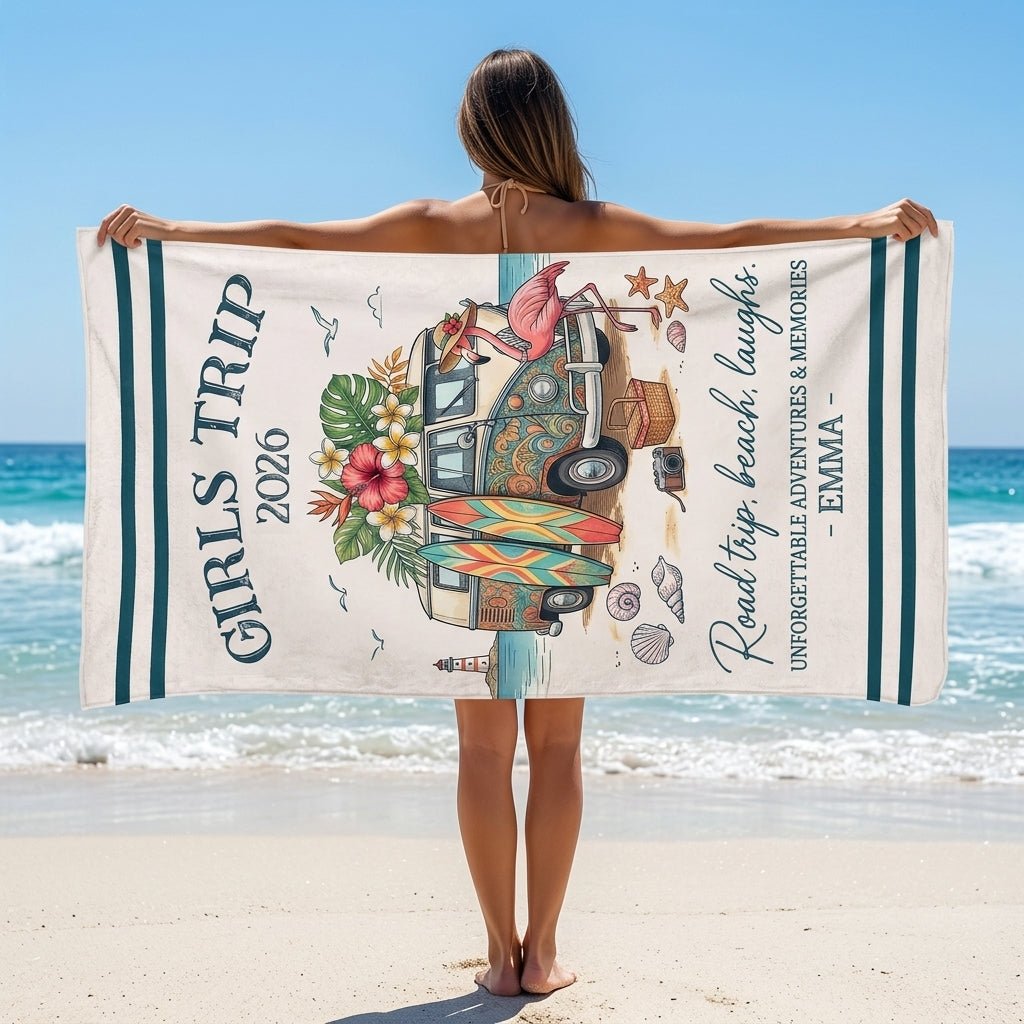 Personalized Girls Trip 2026 Beach Towel - Retro Van Road Trip Custom Name Summer Vacation Gift - FlamingoAholic