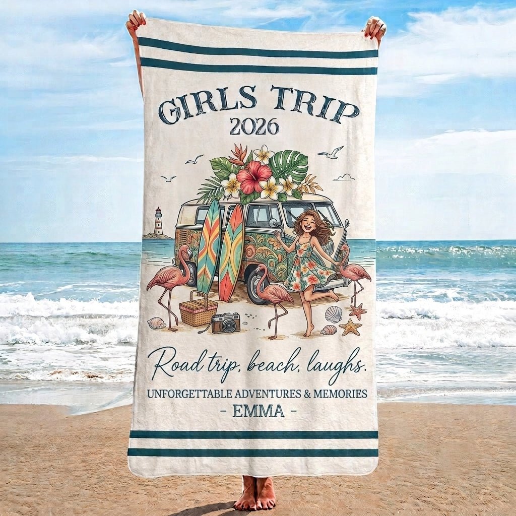 Personalized Girls Trip 2026 Beach Towel - Road Trip Beach Laughs Custom Name Group Vacation Gift - FlamingoAholic