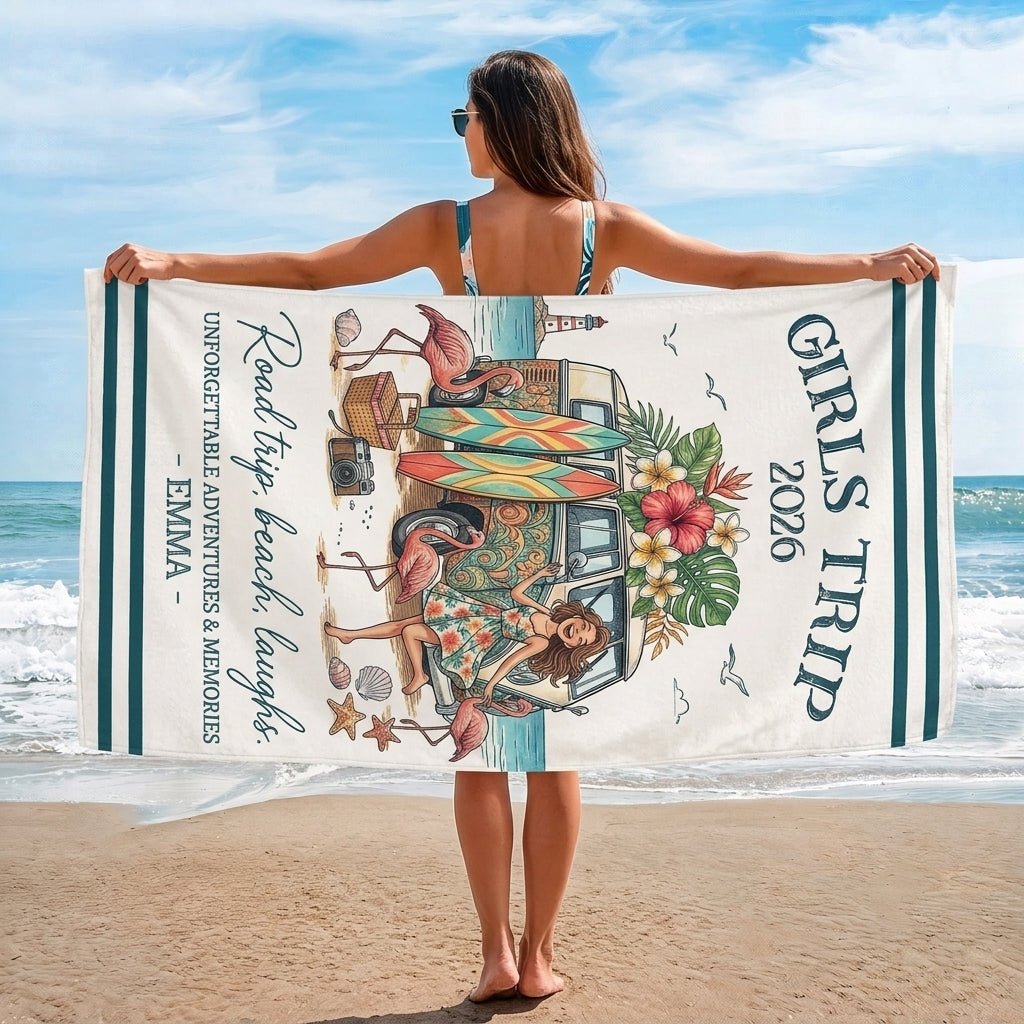 Personalized Girls Trip 2026 Beach Towel - Road Trip Beach Laughs Custom Name Group Vacation Gift - FlamingoAholic