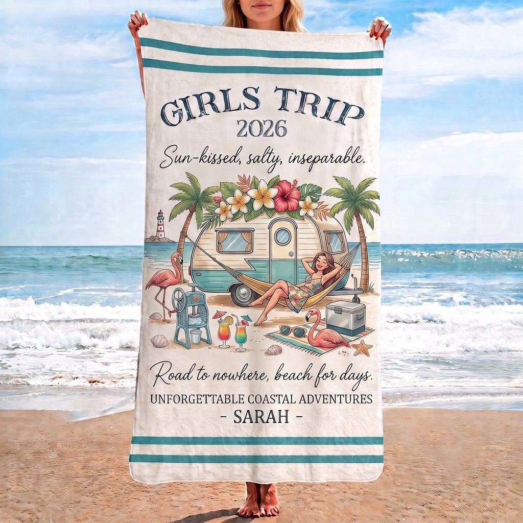 Personalized Girls Trip 2026 Coastal Beach Towel - Retro Camper Van Custom Name Summer Gift - FlamingoAholic