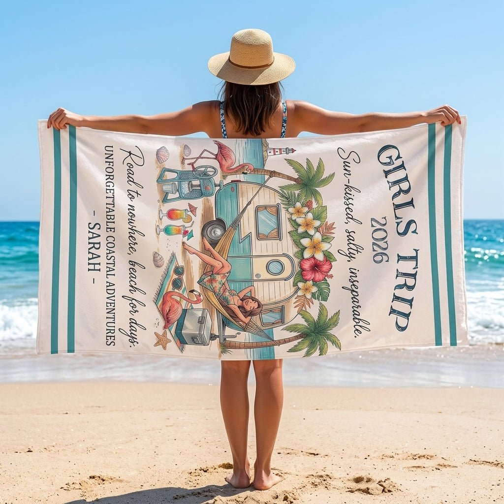 Personalized Girls Trip 2026 Coastal Beach Towel - Retro Camper Van Custom Name Summer Gift - FlamingoAholic