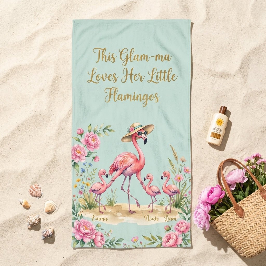 Personalized Glam-ma Beach Towel - "Loves Her Little Flamingos" Custom Names Gift - FlamingoAholic