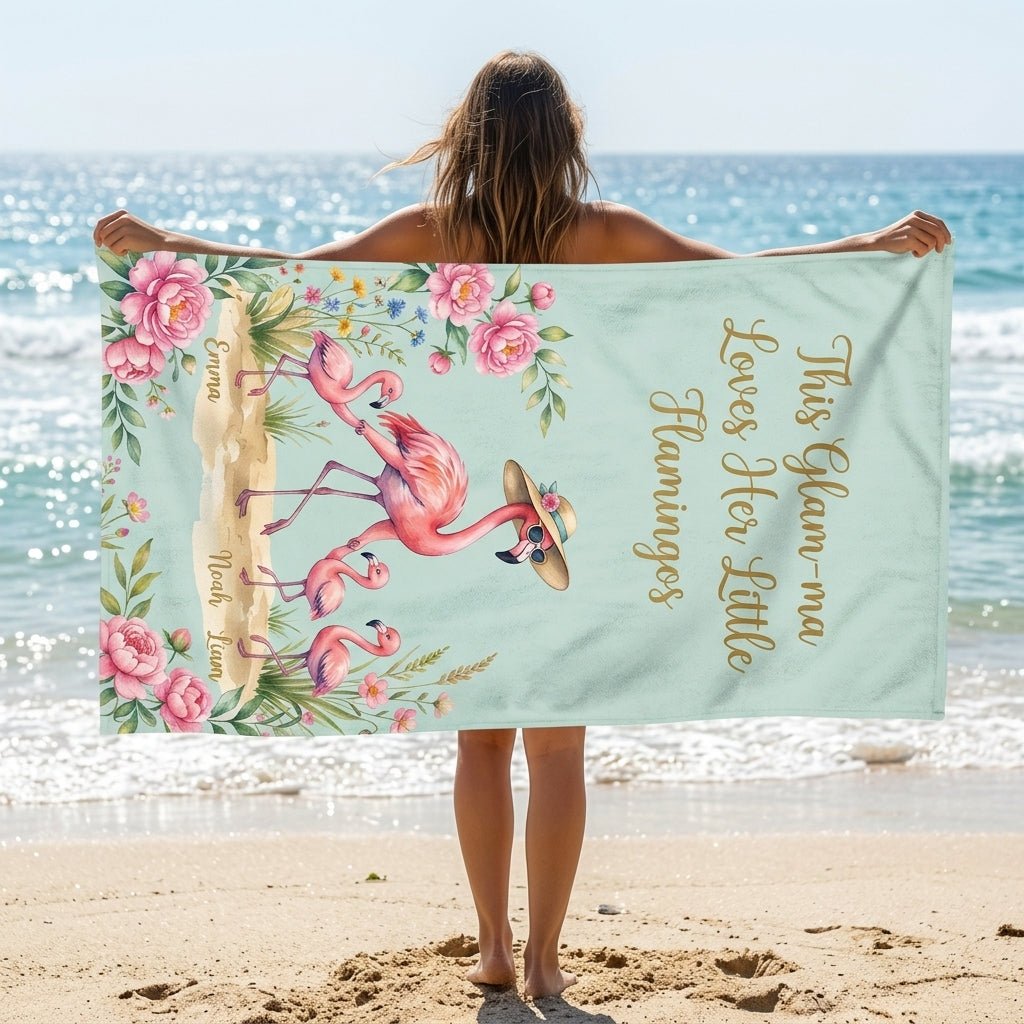 Personalized Glam-ma Beach Towel - "Loves Her Little Flamingos" Custom Names Gift - FlamingoAholic