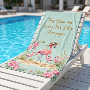 Personalized Glam-ma Beach Towel - "Loves Her Little Flamingos" Custom Names Gift - FlamingoAholic
