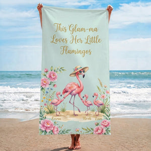 Personalized Glam-ma Beach Towel - "Loves Her Little Flamingos" Custom Names Gift - FlamingoAholic